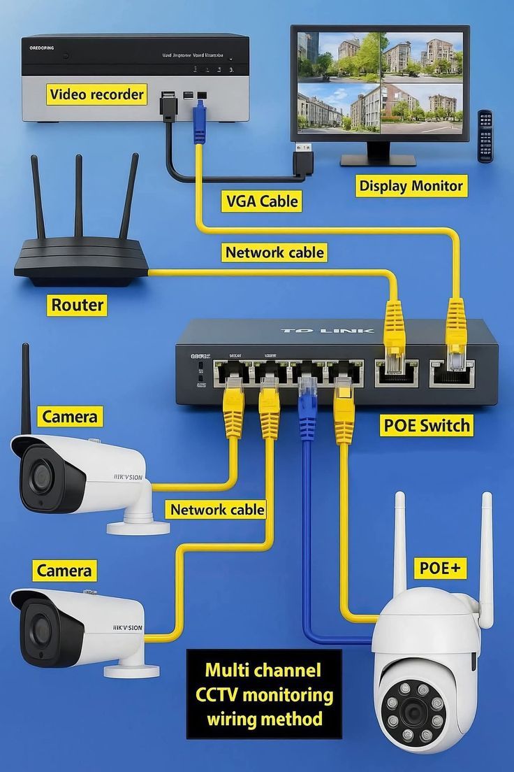 Diagram of a multi channel CCTV and network wiring layout